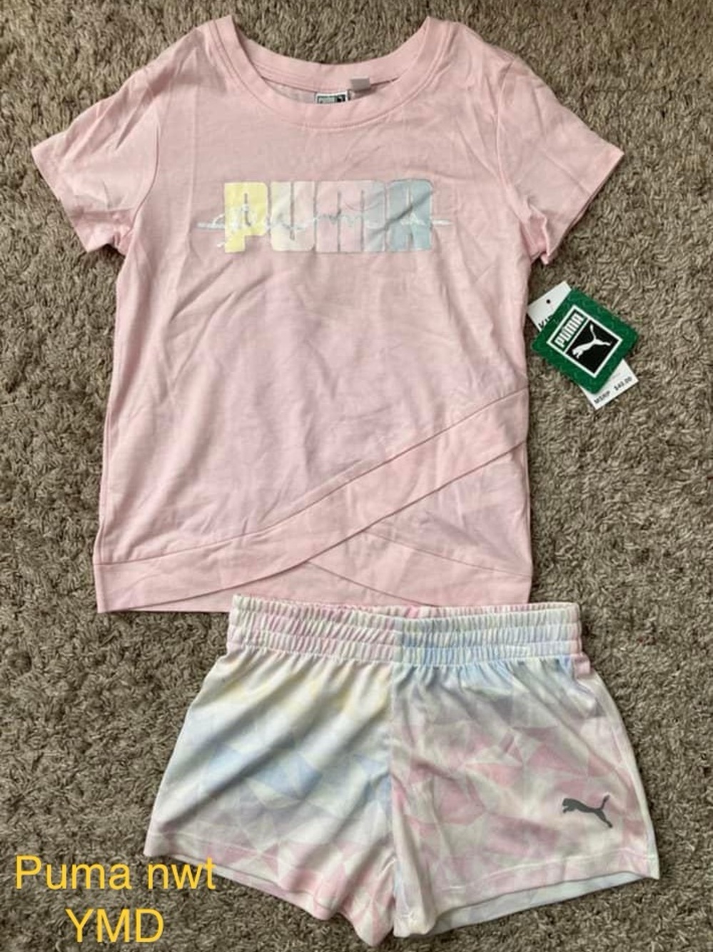 Girls Puma Pink Tee with Pastel Multi-Color Tie-Dye Shorts size YMD